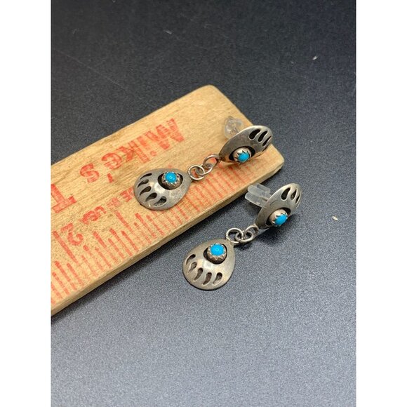 Bear Paws Earrings Sterling Silver & Turquoise Native American Pierced Drops - Picture 5 of 5